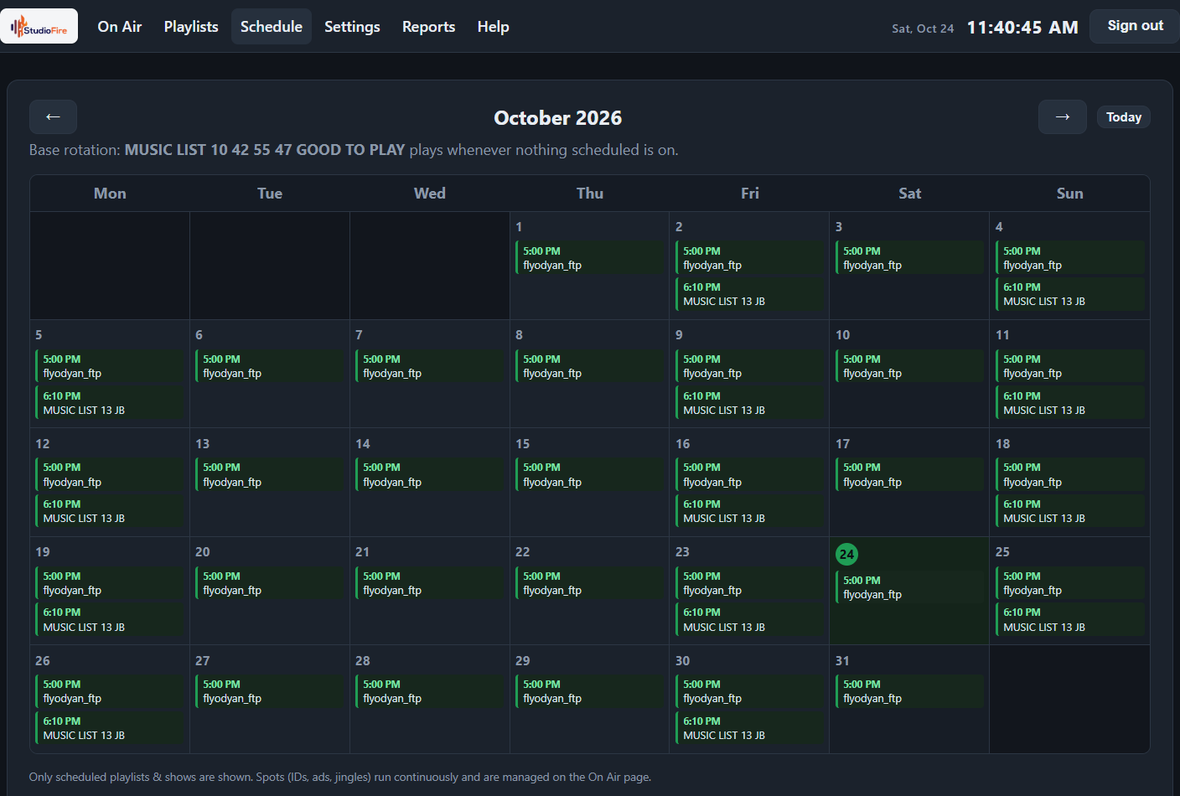 StudioFire schedule calendar for a month, with weekly shows and playlists filled in on their days and times